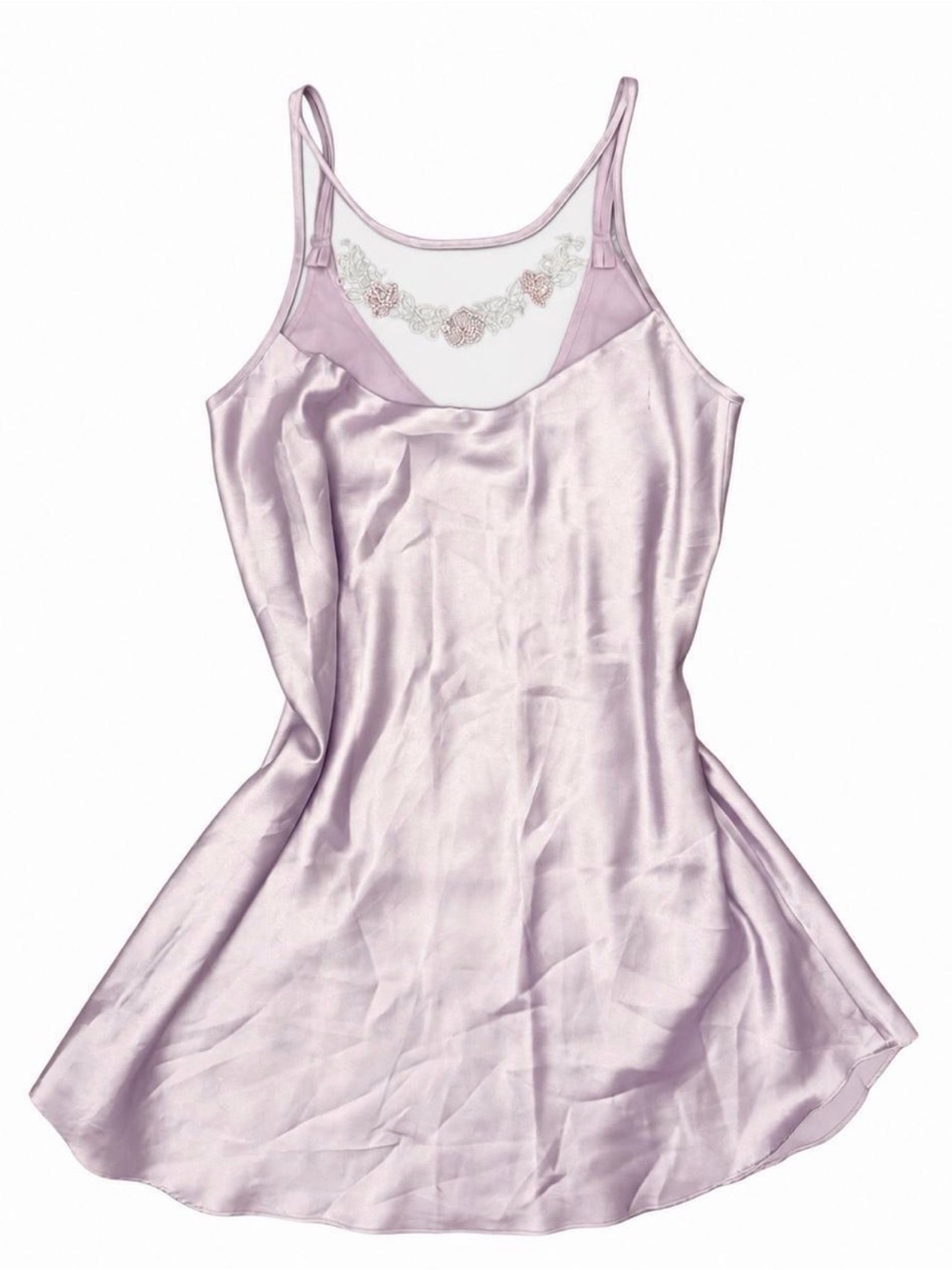 Silk 90s vintage Lilac Slip Dress with Floral Mesh Yoke